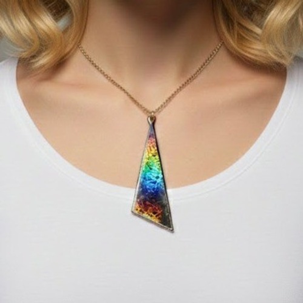 Laser Holographic Rainbow Geometric Triangle Pendant Necklace Silver Tone Chain